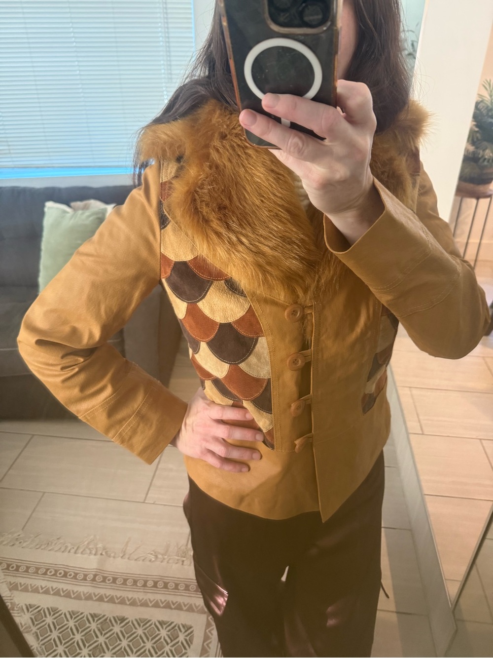 Vintage Terry Lewis Leather Jacket Patchwork Removable Faux Fur Collar Size XS